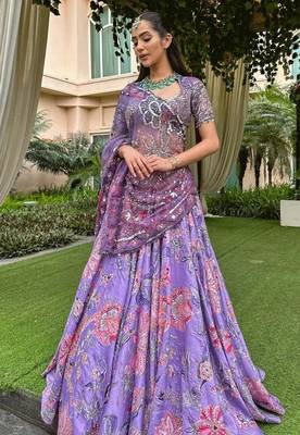 Lavender Bloom Taby Silk Lehenga Choli with Floral Print, Real Mirror, Sequins & Embroidery Work 2