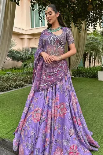Lavender Bloom Taby Silk Lehenga Choli with Floral Print, Real Mirror, Sequins & Embroidery Work