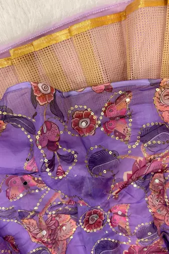 Lavender Bloom Taby Silk Lehenga Choli with Floral Print, Real Mirror, Sequins & Embroidery Work