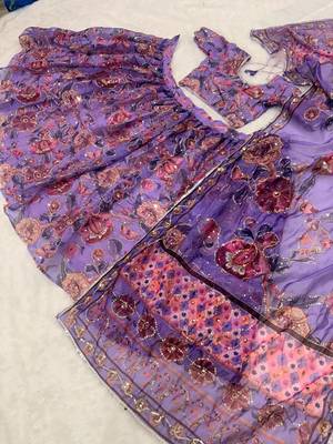 Lavender Bloom Taby Silk Lehenga Choli with Floral Print, Real Mirror, Sequins & Embroidery Work 5