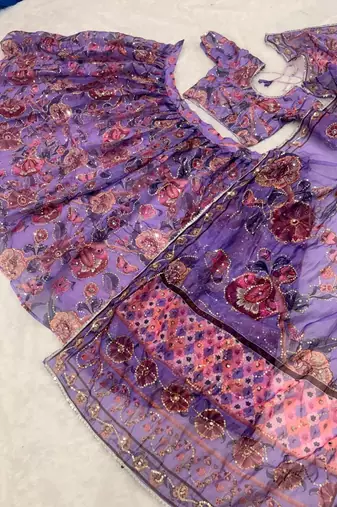 Lavender Bloom Taby Silk Lehenga Choli with Floral Print, Real Mirror, Sequins & Embroidery Work