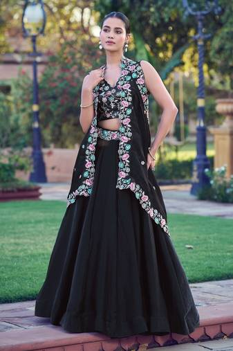 Noir Blossom Frendysilk Lehenga Choli with Floral Sequins & Thread Embroidery Work (5 Mtr Flair, Stitched)