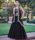 Noir Blossom Frendysilk Lehenga Choli with Floral Sequins & Thread Embroidery Work (5 Mtr Flair, Stitched)