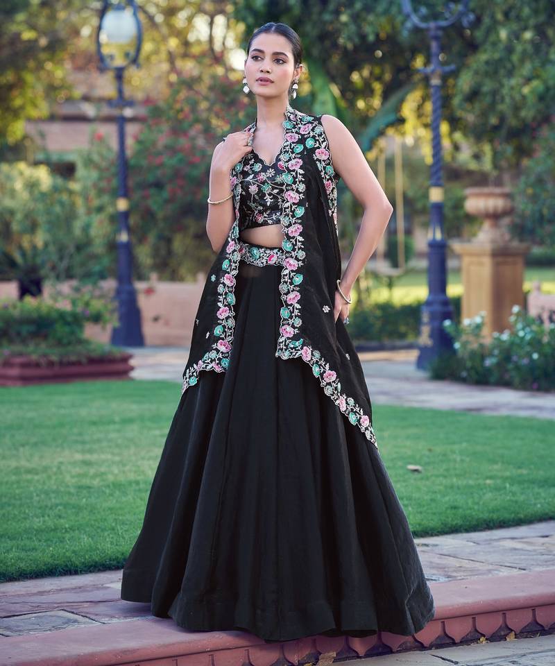 Noir Blossom Frendysilk Lehenga Choli with Floral Sequins & Thread Embroidery Work (5 Mtr Flair, Stitched)