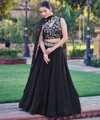 Noir Blossom Frendysilk Lehenga Choli with Floral Sequins & Thread Embroidery Work (5 Mtr Flair, Stitched) 2