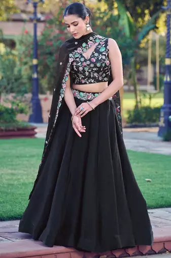 Noir Blossom Frendysilk Lehenga Choli with Floral Sequins & Thread Embroidery Work (5 Mtr Flair, Stitched)