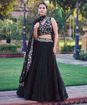 Noir Blossom Frendysilk Lehenga Choli with Floral Sequins & Thread Embroidery Work (5 Mtr Flair, Stitched) 3