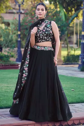 Noir Blossom Frendysilk Lehenga Choli with Floral Sequins & Thread Embroidery Work (5 Mtr Flair, Stitched)