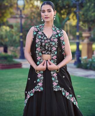 Noir Blossom Frendysilk Lehenga Choli with Floral Sequins & Thread Embroidery Work (5 Mtr Flair, Stitched) 4
