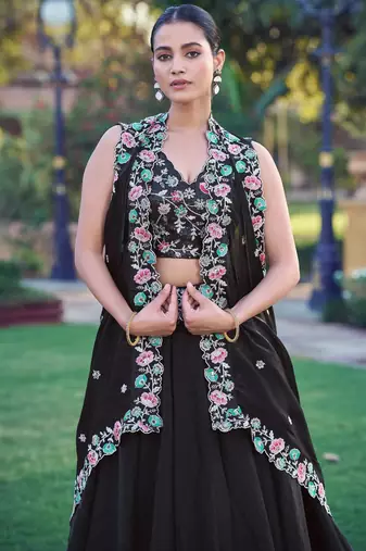 Noir Blossom Frendysilk Lehenga Choli with Floral Sequins & Thread Embroidery Work (5 Mtr Flair, Stitched)