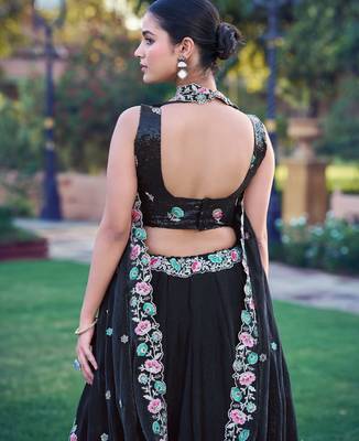 Noir Blossom Frendysilk Lehenga Choli with Floral Sequins & Thread Embroidery Work (5 Mtr Flair, Stitched) 5