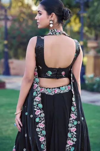 Noir Blossom Frendysilk Lehenga Choli with Floral Sequins & Thread Embroidery Work (5 Mtr Flair, Stitched)