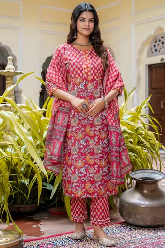 Floral printed pure cotton round neck kurta trouser and dupatta set