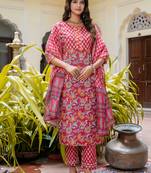 Floral printed pure cotton round neck kurta trouser and dupatta set