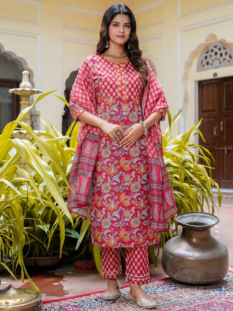 Floral printed pure cotton round neck kurta trouser and dupatta set