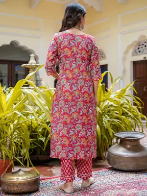 Floral printed  cotton round neck kurta trouser and dupatta set 2