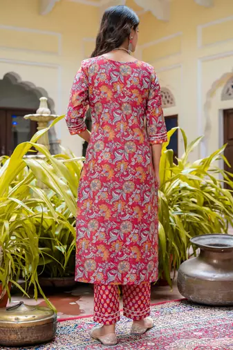 Floral printed  cotton round neck kurta trouser and dupatta set