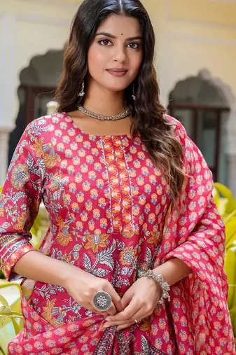 Floral printed  cotton round neck kurta trouser and dupatta set