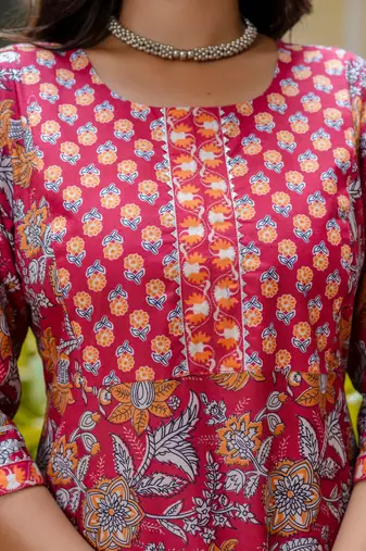 Floral printed  cotton round neck kurta trouser and dupatta set