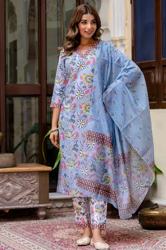 Floral printed pure cotton v neck kurta trouser and dupatta set