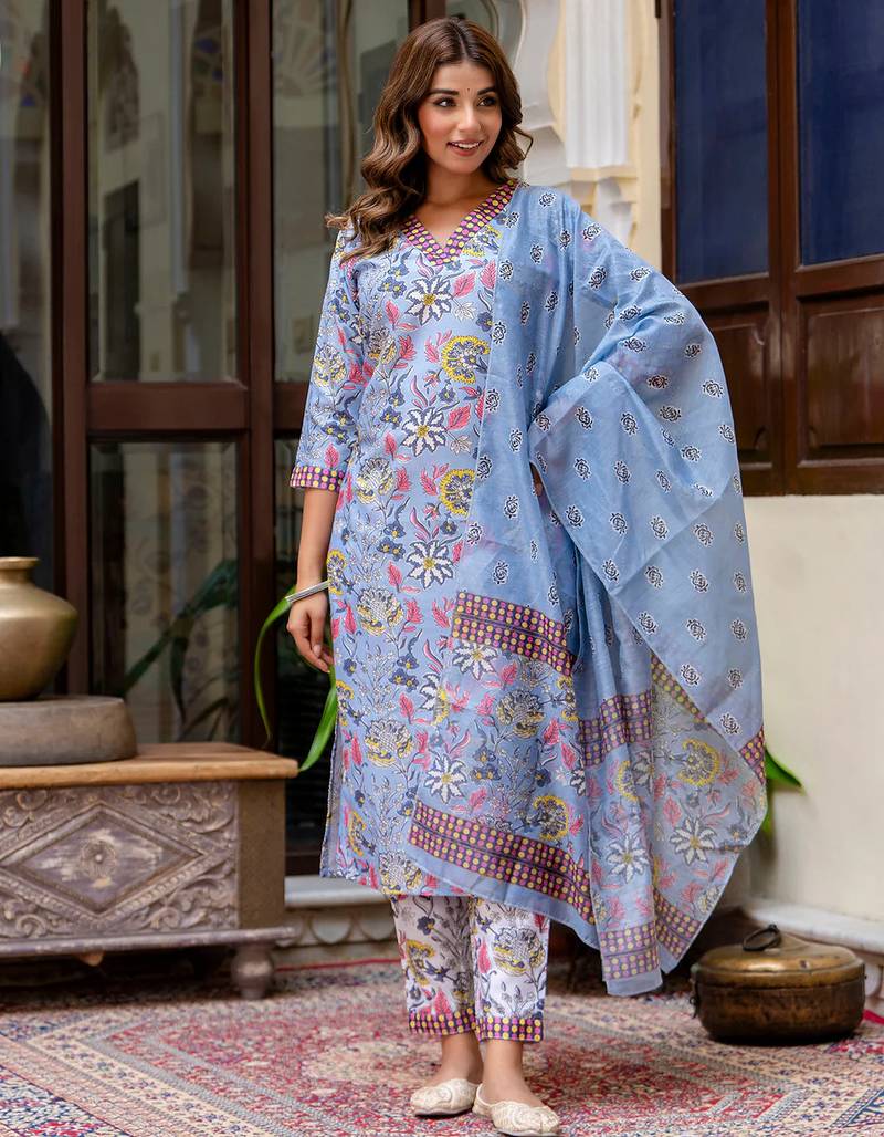 Floral printed pure cotton v neck kurta trouser and dupatta set