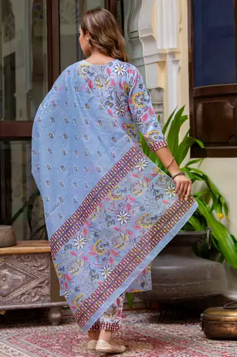 Floral printed  cotton v neck kurta trouser and dupatta set