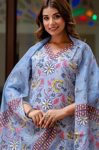 Floral printed  cotton v neck kurta trouser and dupatta set