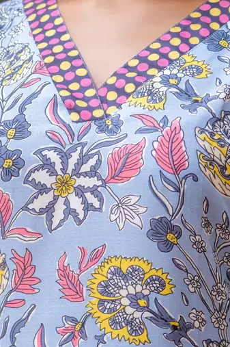 Floral printed  cotton v neck kurta trouser and dupatta set