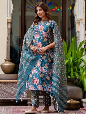 Floral printed  cotton v neck kurta trouser and dupatta set 1