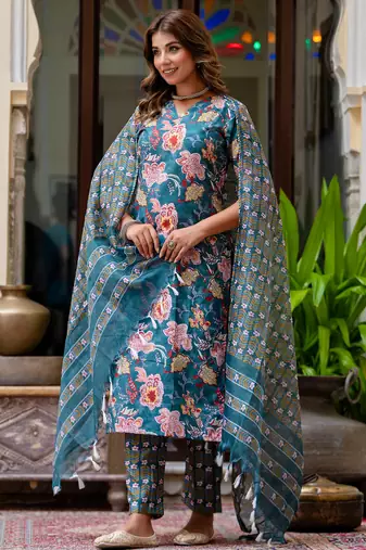 Floral printed pure cotton v neck kurta trouser and dupatta set