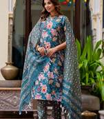 Floral printed pure cotton v neck kurta trouser and dupatta set