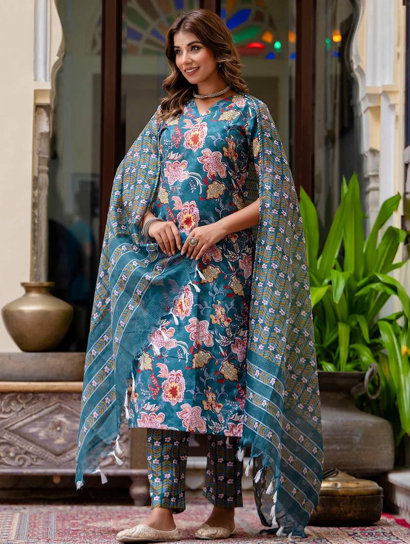 Floral printed pure cotton v neck kurta trouser and dupatta set
