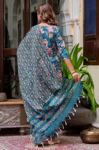 Floral printed  cotton v neck kurta trouser and dupatta set