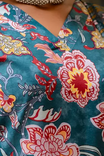 Floral printed  cotton v neck kurta trouser and dupatta set