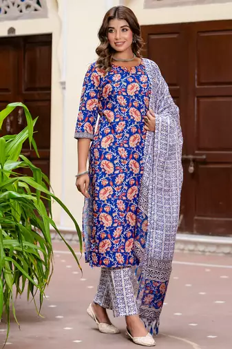 Floral printed pure cotton round neck kurta trouser and dupatta set