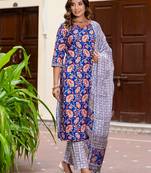 Floral printed pure cotton round neck kurta trouser and dupatta set