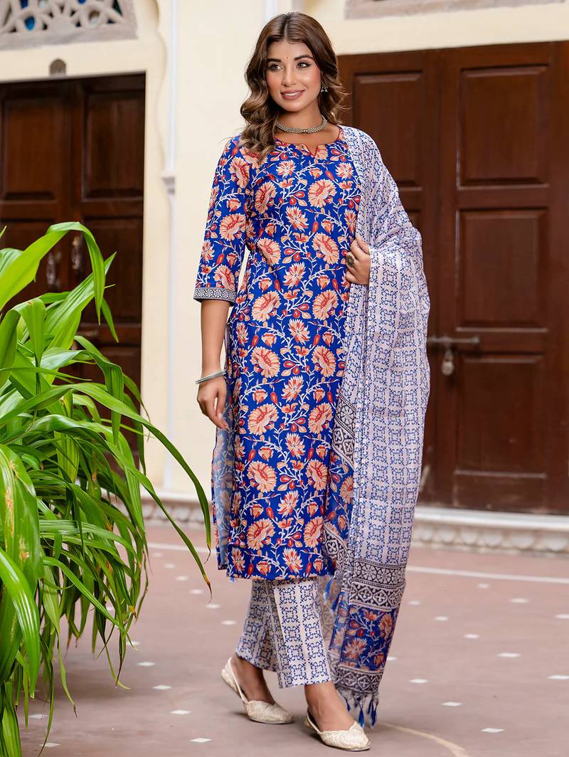 Floral printed pure cotton round neck kurta trouser and dupatta set
