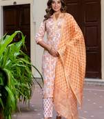 Floral printed  cotton v neck kurta trouser and dupatta set