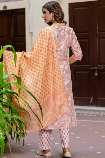 Floral printed  cotton v neck kurta trouser and dupatta set