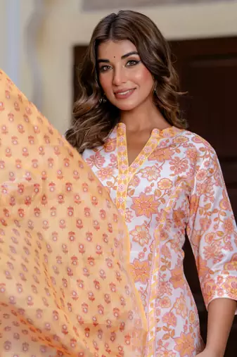 Floral printed  cotton v neck kurta trouser and dupatta set