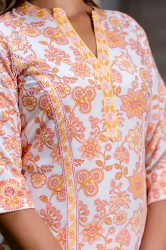 Floral printed pure cotton round neck kurta trouser and dupatta set