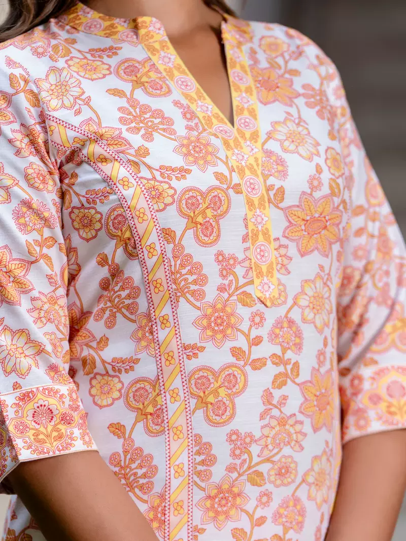 Floral printed pure cotton round neck kurta trouser and dupatta set