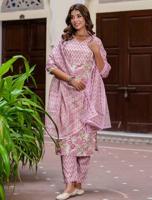 Floral printed  cotton v neck kurta trouser and dupatta set 1