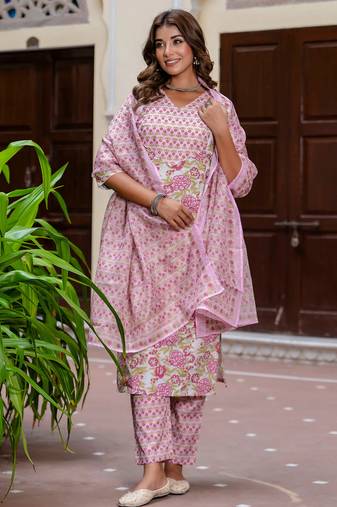 Floral printed  cotton v neck kurta trouser and dupatta set
