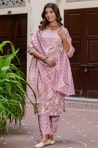 Floral printed pure cotton v neck kurta trouser and dupatta set