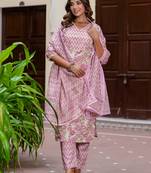 Floral printed pure cotton v neck kurta trouser and dupatta set