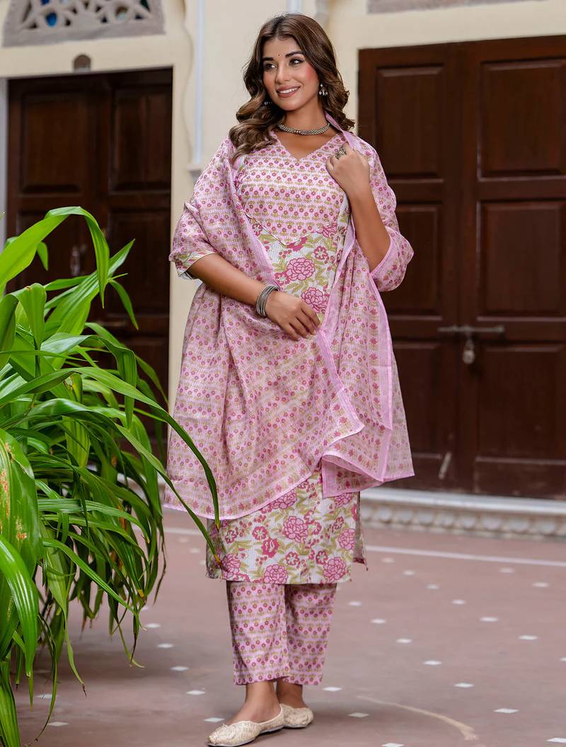 Floral printed pure cotton v neck kurta trouser and dupatta set