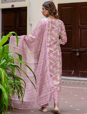 Floral printed  cotton v neck kurta trouser and dupatta set 2