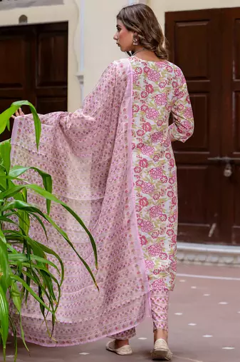 Floral printed  cotton v neck kurta trouser and dupatta set