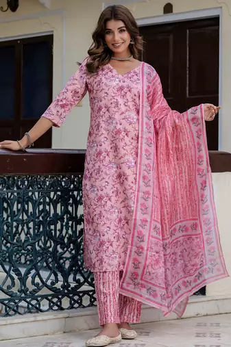 Floral printed pure cotton v neck kurta trouser and dupatta set